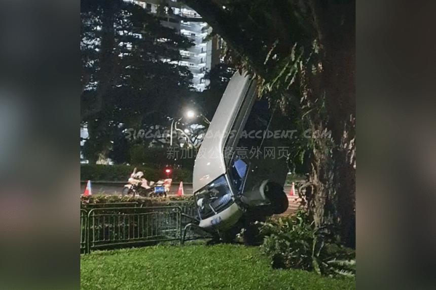 Accident leaves van stuck against a tree along ECP