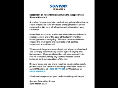 Sunway Education Group responds to viral video of student’s alleged misconduct at library, urges public to stop sharing content