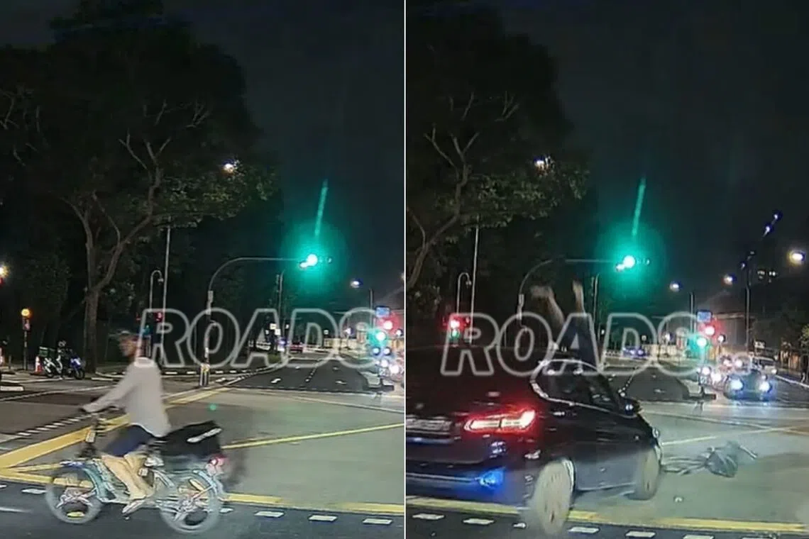 PMD rider hit by car while crossing road on red man in Bishan, flies off vehicle