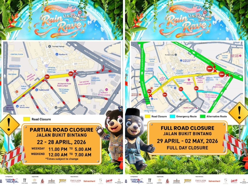 Plan accordingly: Bukit Bintang major roads to be closed from April 30 to May 2 for Labour Day, Rain Rave Water Music Festival celebrations